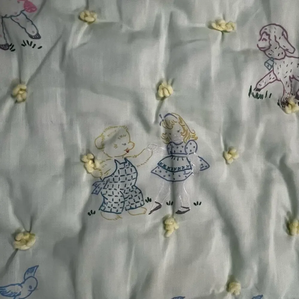 Vintage Green Baby Crib Quilt‎ 52x39 Hand Tied Animal Nursery Blanket Cats Ducks